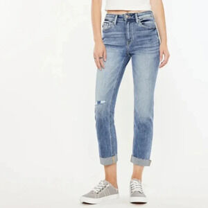 Kancan Women's Size 7/27 Kaly Highrise Slim St Leg Distressed Blue Stretchy Jean